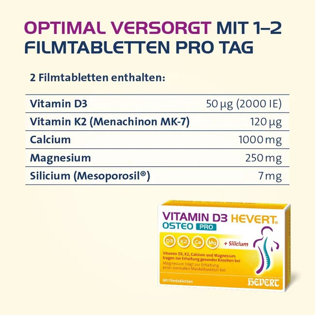 Vitamin D3 Hevert Osteo Pro | Vitamin D3 2000 IU + K2 MK-7, Calcium, Magnesium & Silicon for Bones & Muscles | Vegan | 60 Tablets | PZN 19295736