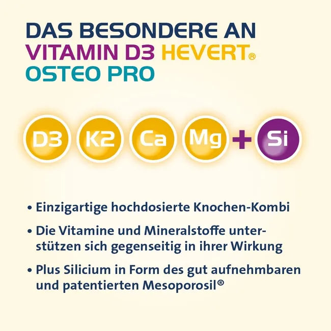 Vitamin D3 Hevert Osteo Pro | Vitamin D3 2000 IU + K2 MK-7, Calcium, Magnesium & Silicon for Bones & Muscles | Vegan | 60 Tablets | PZN 19295736