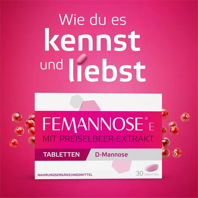 FEMANNOSE® E | 1,000 mg D-Mannose + Lingonberry Extract & 25 mg PACs per Tablet | 30 Tablets | PZN 19339043