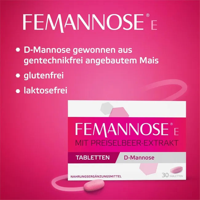 FEMANNOSE® E | 1,000 mg D-Mannose + Lingonberry Extract & 25 mg PACs per Tablet | 30 Tablets | PZN 19339043