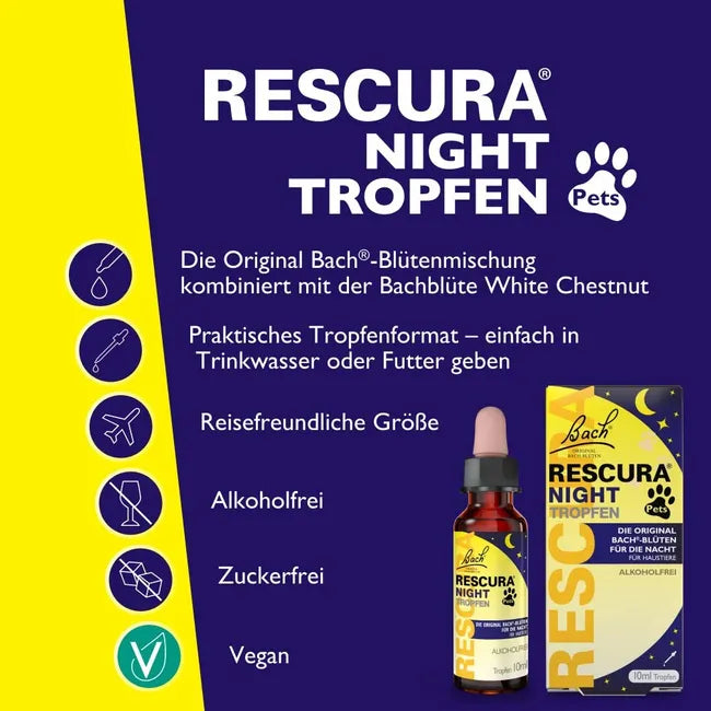 Bach RESCURA Night Pets Alcohol-Free Drops | 6 Bach Flower Essences | Night-Time Calming & Emotional Wellbeing Support | Vegan | 10 ml | PZN 19346333
