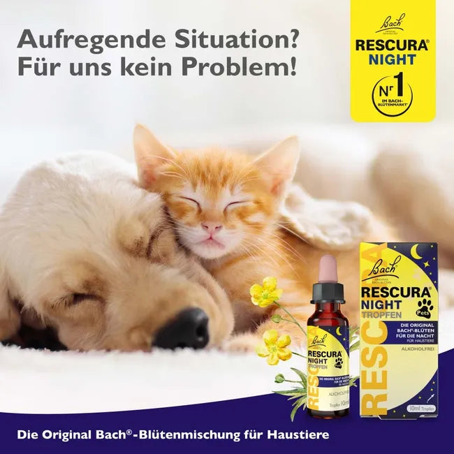 Bach RESCURA Night Pets Alcohol-Free Drops | 6 Bach Flower Essences | Night-Time Calming & Emotional Wellbeing Support | Vegan | 10 ml | PZN 19346333