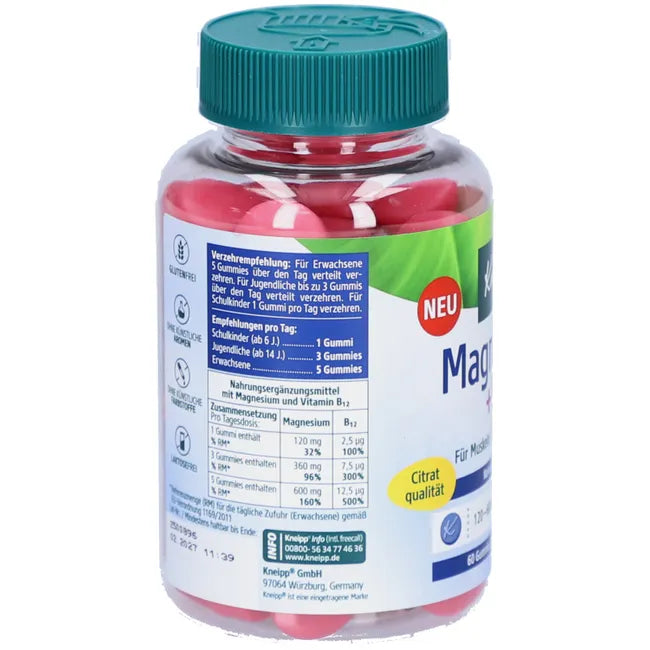 Kneipp Magnesium + B12 Gummies | Magnesium Citrate for Muscles, Energy & Nerves | Raspberry Flavour | Vegan | 60 Gummies | PZN 19381789