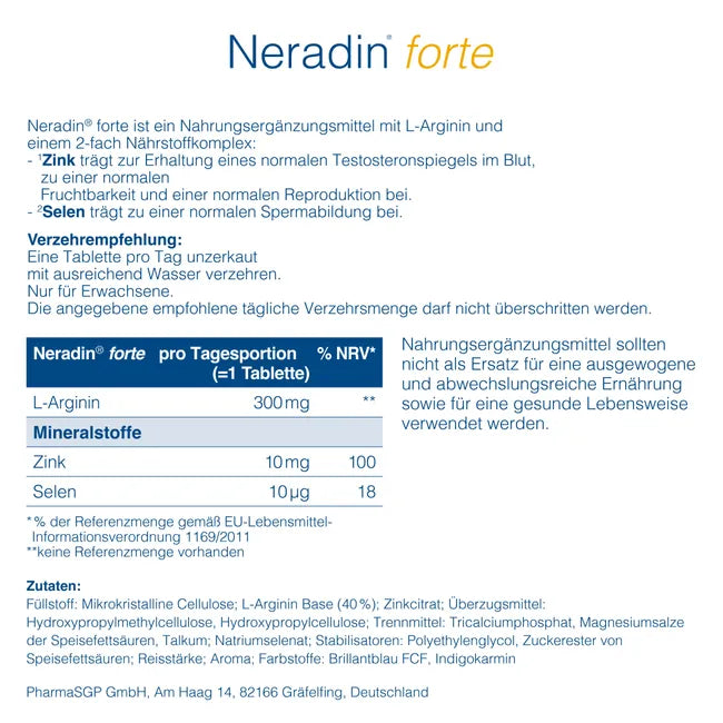 Neradin Forte | L-Arginine 300 mg, Zinc & Selenium | Men's Vitality, Testosterone & Fertility Support | Vegan | 30 Tablets | PZN 19411444