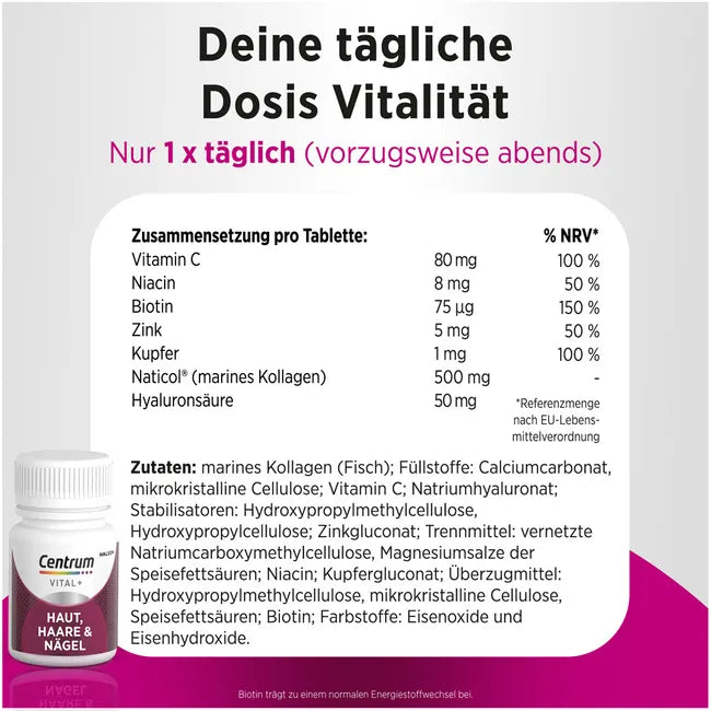 Centrum Vital+ Skin, Hair & Nails | Marine Collagen 500 mg, Hyaluronic Acid, Biotin & Zinc | Beauty from Within | 30 Tablets | PZN 19420093