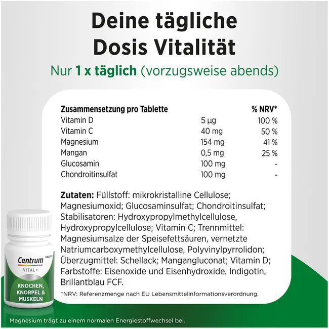 Centrum Vital+ Bones, Cartilage & Muscles | Glucosamine, Chondroitin, Magnesium, Vitamin C & D | 3-Phase Formula | 30 Tablets | PZN 19420101