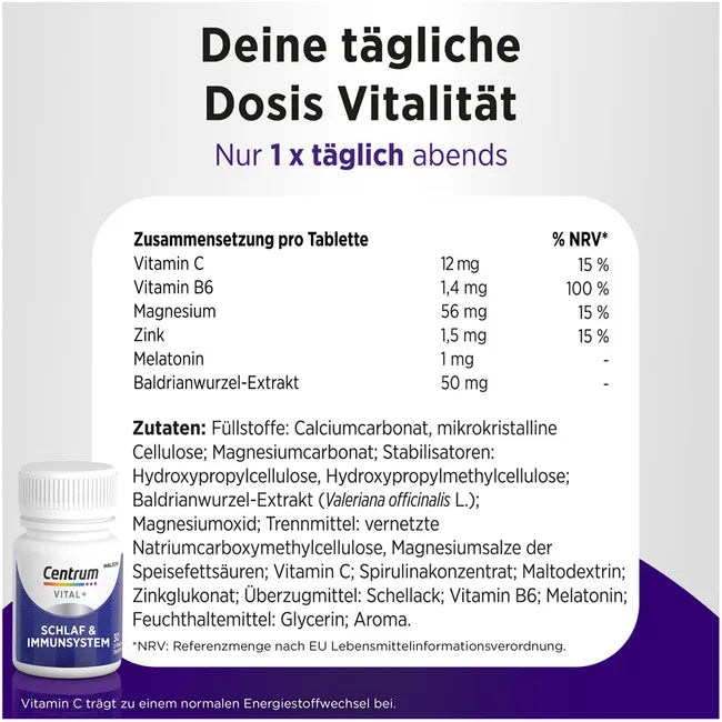Centrum Vital+ Sleep & Immune System | Melatonin 1 mg, Valerian, Magnesium, Vitamin C & Zinc | 2-Phase Night Formula | 30 Tablets | PZN 19421632