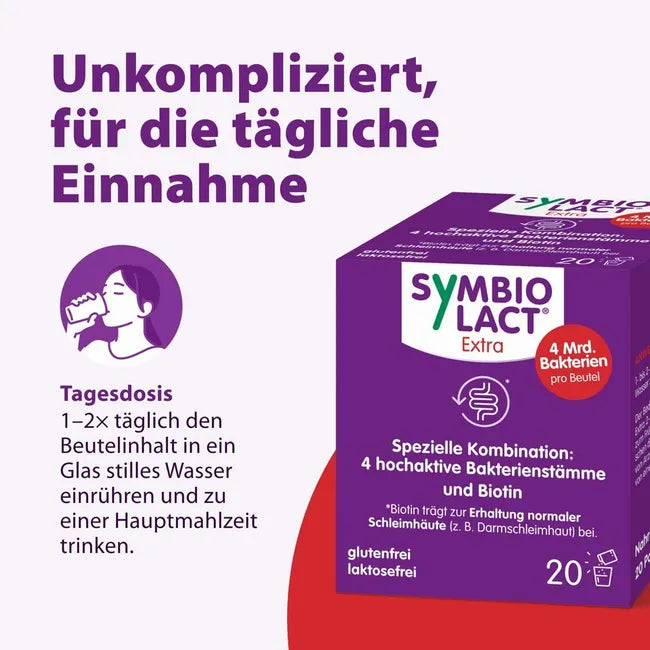 SymbioLact Extra High-Strength Probiotic 20 Sachets | 4 Live Probiotic Strains | 4 Billion CFU + Biotin | Gut Microbiome & Intestinal Mucosa Support | PZN 19438408