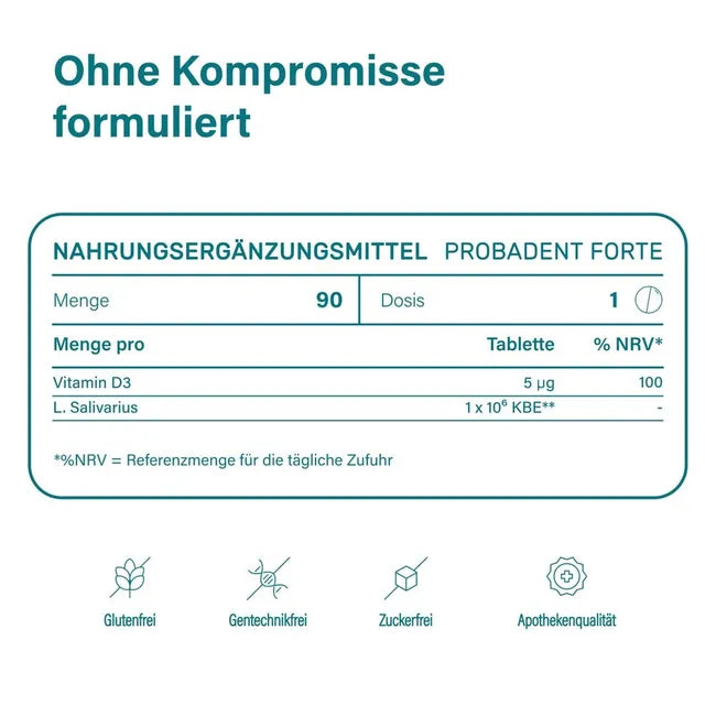 nupure probadent forte | 3 Oral Probiotic Strains, 5 Billion CFU, Vitamin D3 & Biotin | Oral Microbiome & Gum Support | 90 Lozenges | PZN 19453916