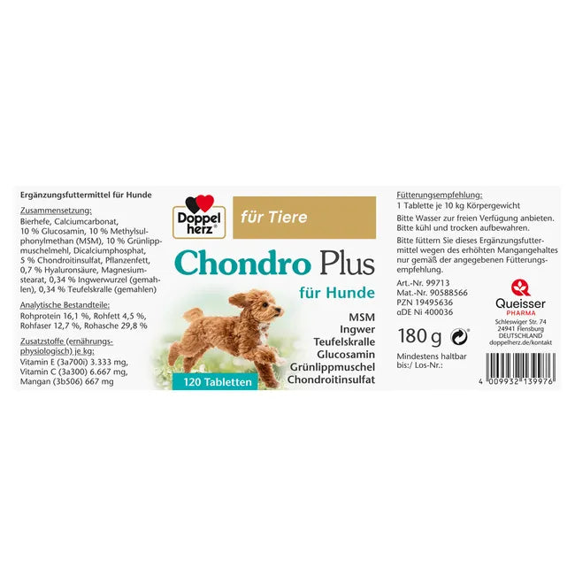 Doppelherz Chondro Plus for Dogs | Glucosamine, Chondroitin, MSM, Green-Lipped Mussel & Hyaluronic Acid | Joint & Mobility Support | 120 Tablets | PZN 19495636