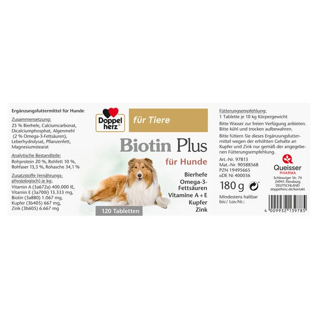 Doppelherz Biotin Plus for Dogs | Biotin, Brewer’s Yeast, Omega-3, Zinc & Copper | Skin & Coat Support | 120 Tablets | PZN 19495665