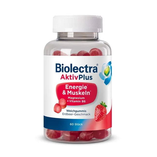 Biolectra AktivPlus Energy & Muscles Gummies | 3 Organic Magnesium Forms + Vitamin B6 | Vegan Sugar-Free Strawberry Gummies | 60 Gummies | PZN 19510643