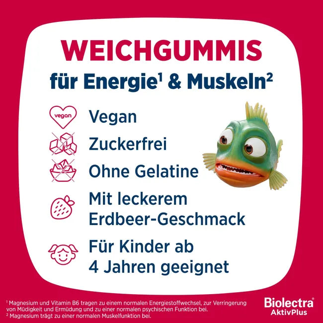 Biolectra AktivPlus Energy & Muscles Gummies | 3 Organic Magnesium Forms + Vitamin B6 | Vegan Sugar-Free Strawberry Gummies | 60 Gummies | PZN 19510643