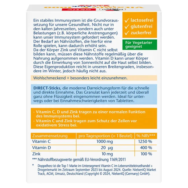 Doppelherz® aktiv Vitamin C 1000 DIRECT + D3 + Zinc | 1000 mg Vitamin C + 800 IU D3 | 20 Sticks | PZN 19528867