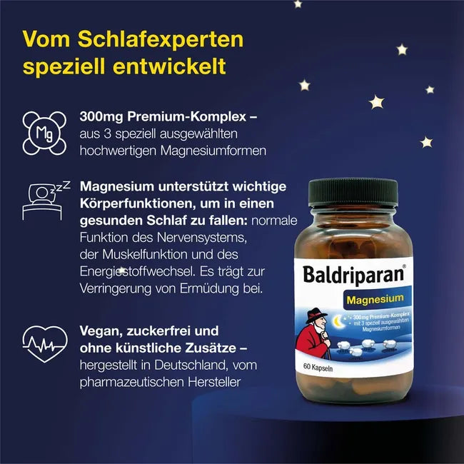 Baldriparan Magnesium | Premium 3-Form Magnesium Complex | Magnesium Bisglycinate + Trimagnesium Dicitrate + Magnesium Oxide | 300 mg Magnesium | Vegan | 60 Capsules PZN 19553871