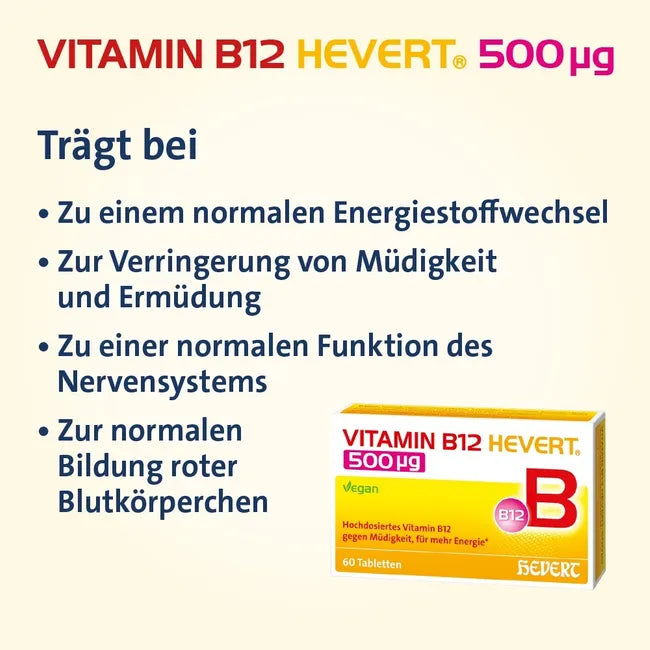 Vitamin B12 Hevert 500 µg 120 Tablets | High-Strength Vitamin B12 | Energy, Nervous System & Red Blood Cell Support | Vegan PZN 19733320