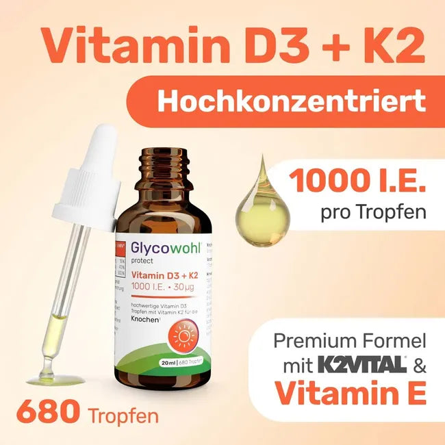 GLYCOWOHL Vitamin D3 + K2 Drops 40 ml 2 Bottles| 1000 IU Vitamin D3 + 30 μg K2VITAL® per Drop | 1,360 Drops Total  PZN 19745375