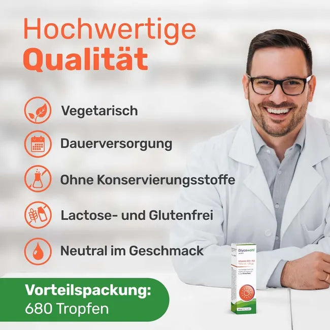 GLYCOWOHL Vitamin D3 + K2 Drops 40 ml 2 Bottles| 1000 IU Vitamin D3 + 30 μg K2VITAL® per Drop | 1,360 Drops Total  PZN 19745375
