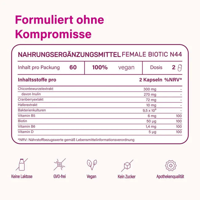 nupure Probaflor FEM Daily | Women's Probiotic | 44 Live Probiotic Strains | 20 Billion CFU | Cranberry, Chicory & Multivitamins | 60 Delayed-Release Capsules | PZN 19754262