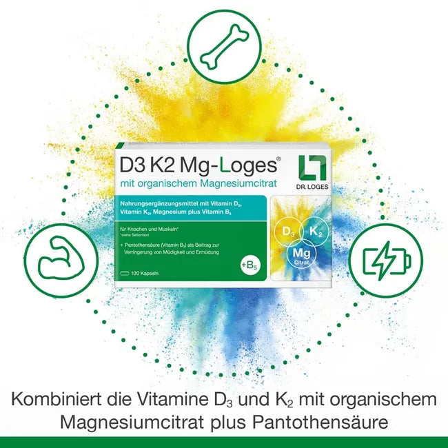D3 K2 Mg-Loges | Vitamin D3 2,000 IU + K2 MK-7 + Magnesium Citrate & Vitamin B5 | 180 Capsules | PZN 19759006