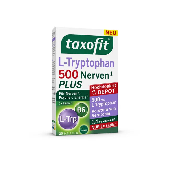 taxofit L-Tryptophan 500 Nerves PLUS | 500 mg L-Tryptophan + Vitamin B6 | Depot Formula for Nerves, Mental Function & Energy | Vegan | 20 Tablets | PZN 19828090