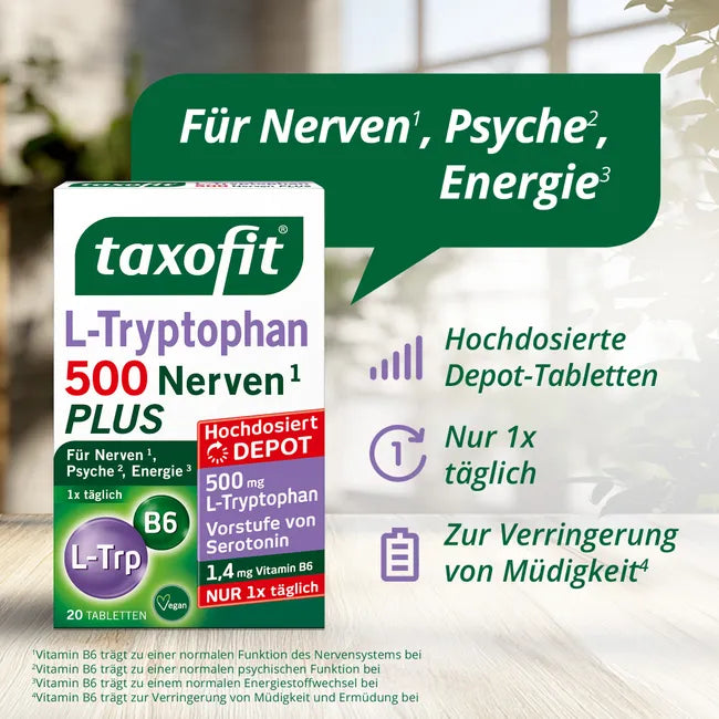 taxofit L-Tryptophan 500 Nerves PLUS | 500 mg L-Tryptophan + Vitamin B6 | Depot Formula for Nerves, Mental Function & Energy | Vegan | 20 Tablets | PZN 19828090