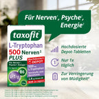 taxofit L-Tryptophan 500 Nerves PLUS | 500 mg L-Tryptophan + Vitamin B6 | Depot Formula for Nerves, Mental Function & Energy | Vegan | 20 Tablets | PZN 19828090