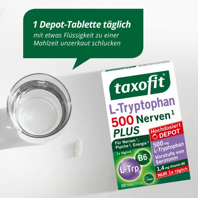 taxofit L-Tryptophan 500 Nerves PLUS | 500 mg L-Tryptophan + Vitamin B6 | Depot Formula for Nerves, Mental Function & Energy | Vegan | 20 Tablets | PZN 19828090