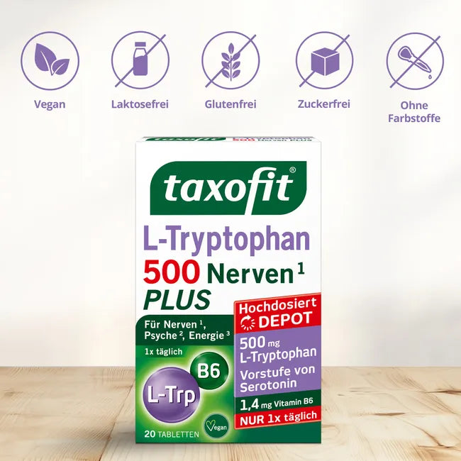 taxofit L-Tryptophan 500 Nerves PLUS | 500 mg L-Tryptophan + Vitamin B6 | Depot Formula for Nerves, Mental Function & Energy | Vegan | 20 Tablets | PZN 19828090