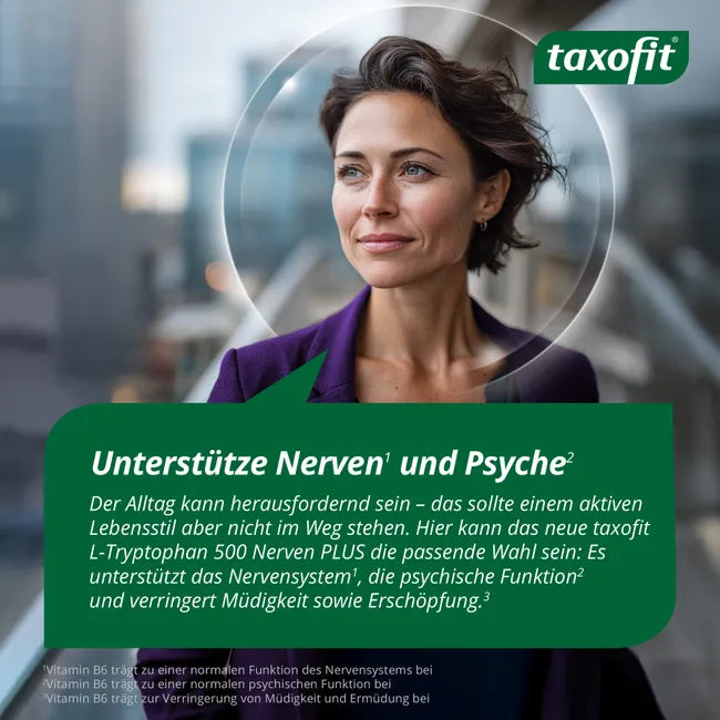 taxofit L-Tryptophan 500 Nerves PLUS | 500 mg L-Tryptophan + Vitamin B6 | Depot Formula for Nerves, Mental Function & Energy | Vegan | 20 Tablets | PZN 19828090