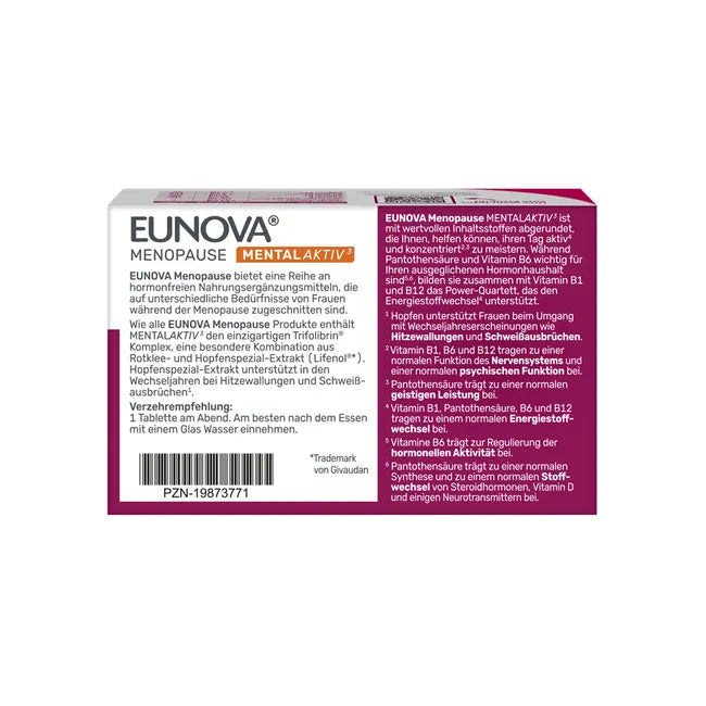 EUNOVA Menopause Mental Active | Red Clover, Hops, Guarana & Saffron + B Vitamins | Focus, Energy & Balance | Hormone-Free | 30 Tablets | PZN 19873771