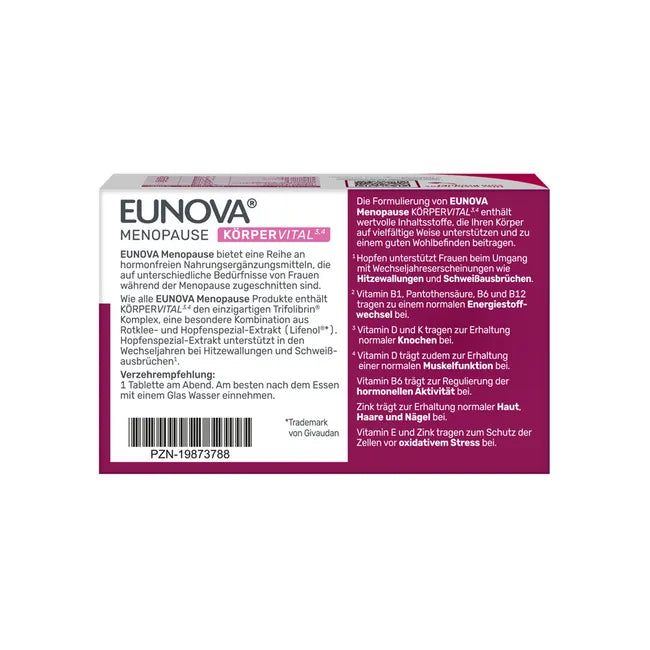EUNOVA Menopause Body Vital | Red Clover & Hops + Vitamins D, K, B & Zinc | Energy, Bones & Muscles | Hormone-Free | 30 Tablets | PZN 19873788