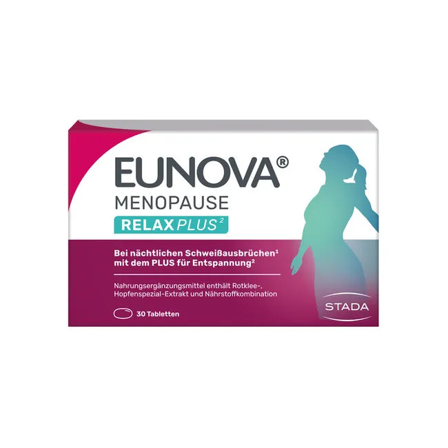 EUNOVA Menopause RelaxPlus | Red Clover, Hops, Passionflower & Sage + Magnesium | Nighttime Menopause Support | Hormone-Free Vegan | 30 Tablets | PZN 19873802