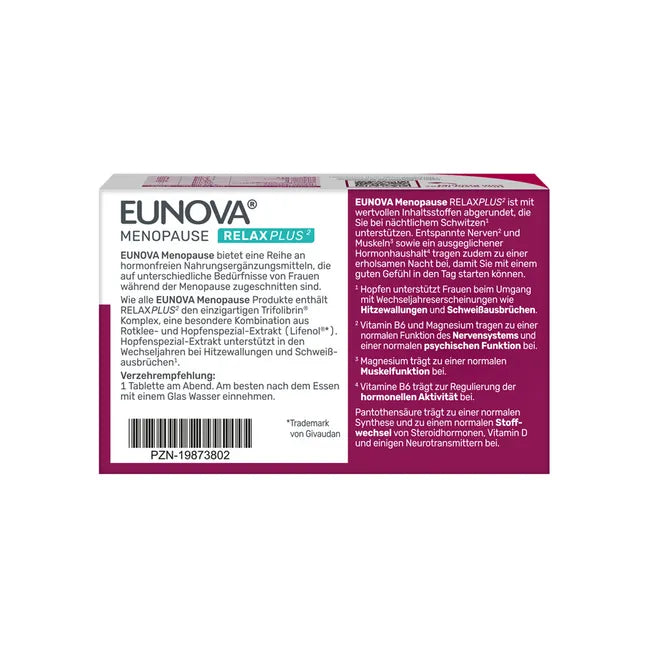 EUNOVA Menopause RelaxPlus | Red Clover, Hops, Passionflower & Sage + Magnesium | Nighttime Menopause Support | Hormone-Free Vegan | 30 Tablets | PZN 19873802