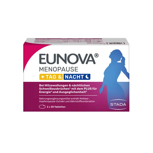 EUNOVA Menopause Day & Night | Red Clover, Hops, Saffron, Guarana, Passionflower & Sage | Hormone-Free Vegan | 2 × 30 Tablets | PZN 19873819