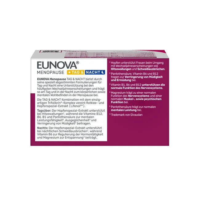 EUNOVA Menopause Day & Night | Red Clover, Hops, Saffron, Guarana, Passionflower & Sage | Hormone-Free Vegan | 2 × 30 Tablets | PZN 19873819