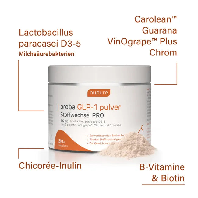 Nupure Proba GLP-1 Metabolism PRO | Inulin, Chromium, L. paracasei, B Vitamins & Carolean™ | Blood Sugar & Macronutrient Metabolism Support | Orange Powder | 210 g | PZN 19896453