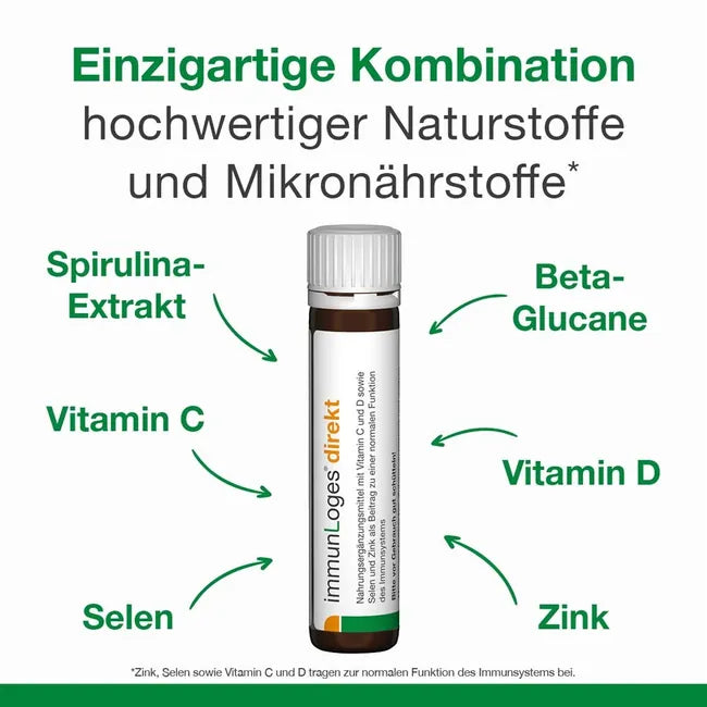 immunLoges Direkt | Vitamin C + D3, Zinc & Selenium with Spirulina & Beta-Glucans | Immune Support | 30 Drinking Ampoules | PZN 19927604