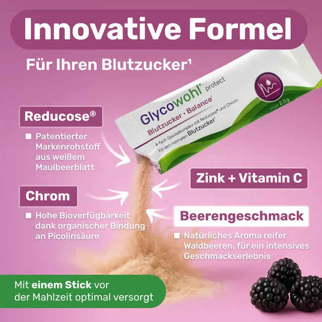 GLYCOWOHL Protect Blood Sugar Balance 30 Direct Sticks | Reducose, Chromium & Zinc | Mulberry Leaf Extract | Berry Flavor PZN 19958616