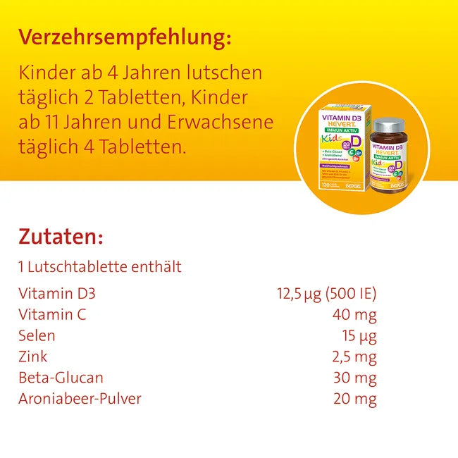 Vitamin D3 Hevert Immun Aktiv Kids 120 Lozenges | Vitamin D3, Vitamin C, Zinc, Selenium, Beta-Glucan & Aronia | Immune Support for Children | Vegan PZN 19972409