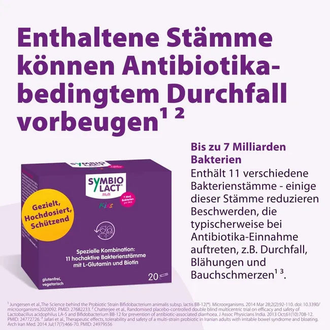 SymbioLact Multi Kids Children's Probiotic 20 Sticks | 11 Live Probiotic Strains | 7 Billion CFU, L-Glutamine & Biotin | Gut Flora Support During & After Antibiotics | PZN 19979015