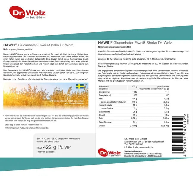 Dr. Wolz HAWEI Glucan Oat Protein Shake Natural | Oat Beta-Glucan, Whey Protein & Choline | High Protein & Fiber | 2 × 422 g | PZN 19995439