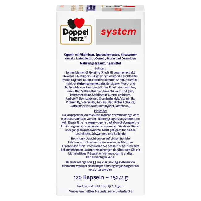 Doppelherz system Hair Essential 120 Capsules | Biotin, Ceramides, Millet Extract & Amino Acids | Hair Nutrition Formula PZN 20087724