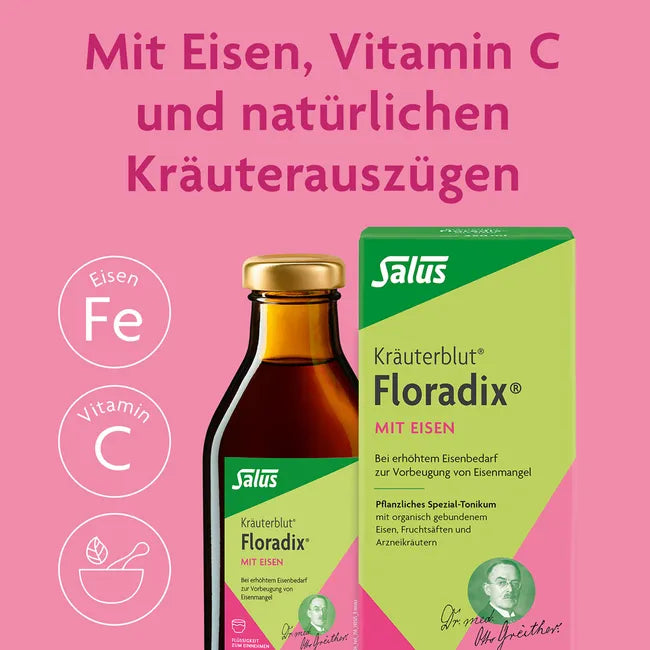 Salus Kräuterblut Floradix mit Eisen Liquid Iron Supplement 250ml | Iron, Vitamin C, Herbal Extracts & Fruit Juices | PZN 20121094