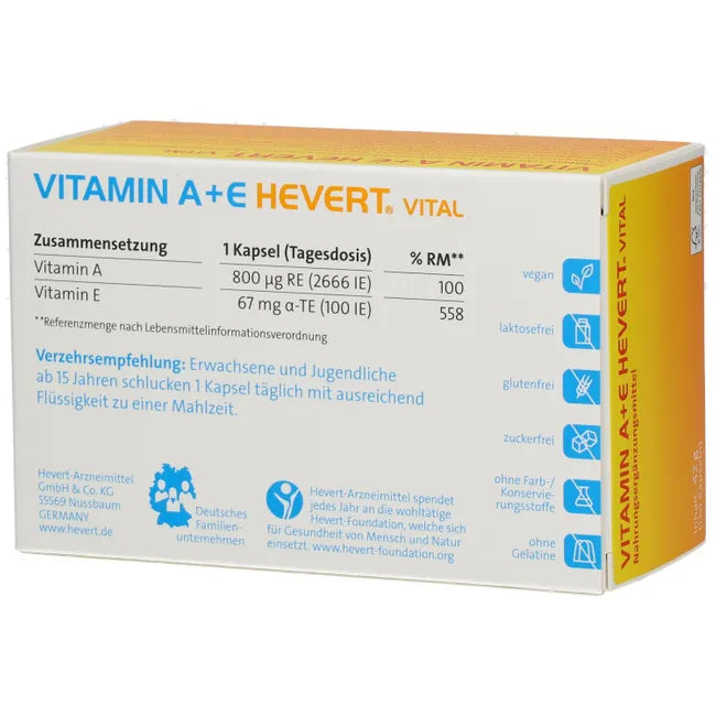 Vitamin A+E Hevert Vital | Vitamin A 800 μg + Vitamin E 67 mg | Vision, Skin, Immune & Antioxidant Support | 120 Vegan Capsules | PZN 20167966