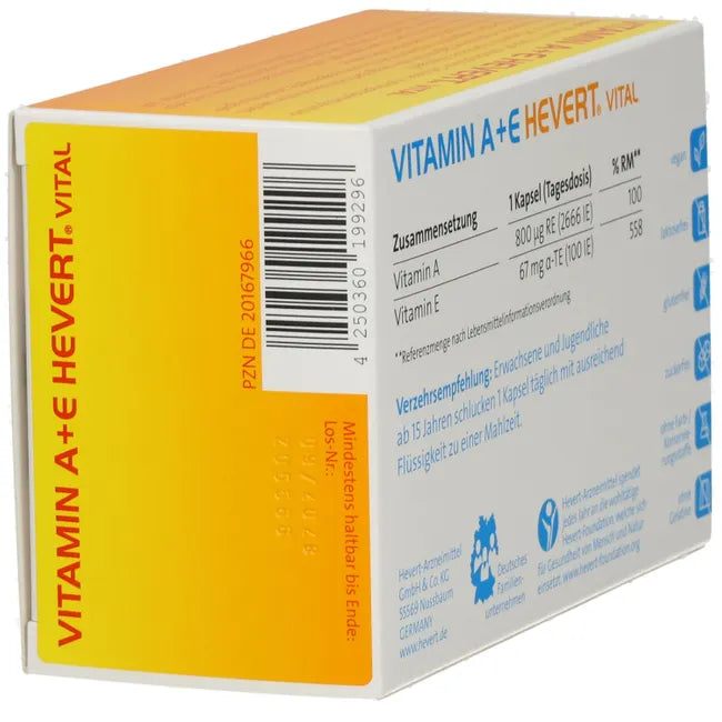 Vitamin A+E Hevert Vital | Vitamin A 800 μg + Vitamin E 67 mg | Vision, Skin, Immune & Antioxidant Support | 120 Vegan Capsules | PZN 20167966