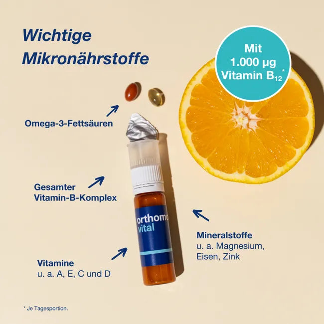 Orthomol Vital | 26 Nutrients with Vitamin B12 1,000 μg, Magnesium & Omega-3 | 30 Drinking Bottles + Capsules | PZN 20182747