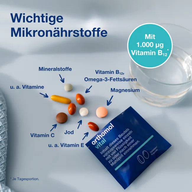 Orthomol Vital | 26 Nutrients with Vitamin B Complex, B12 1,000 μg, Magnesium & Omega-3 | 30 Daily Portions | PZN 20182782