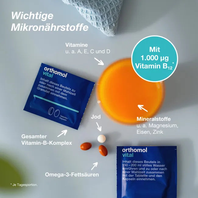 Orthomol Vital Orange | Vitamin B12 1,000 μg, Magnesium & Omega-3 | 30 Daily Portions | PZN 20182799