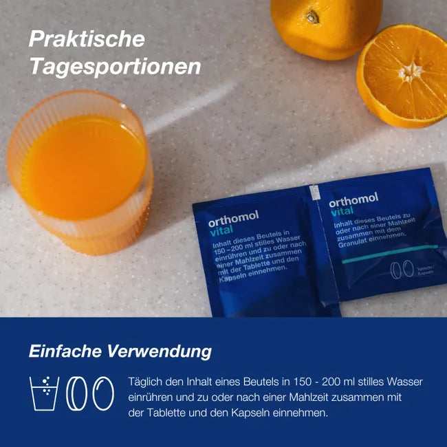 Orthomol Vital Orange | Vitamin B12 1,000 μg, Magnesium & Omega-3 | 30 Daily Portions | PZN 20182799